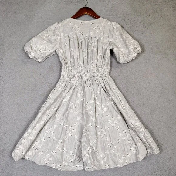 Madewell Mini Dress Women's 2XS White Black Striped Eyelet Sophia Puff Sleeve - Picture 12 of 13